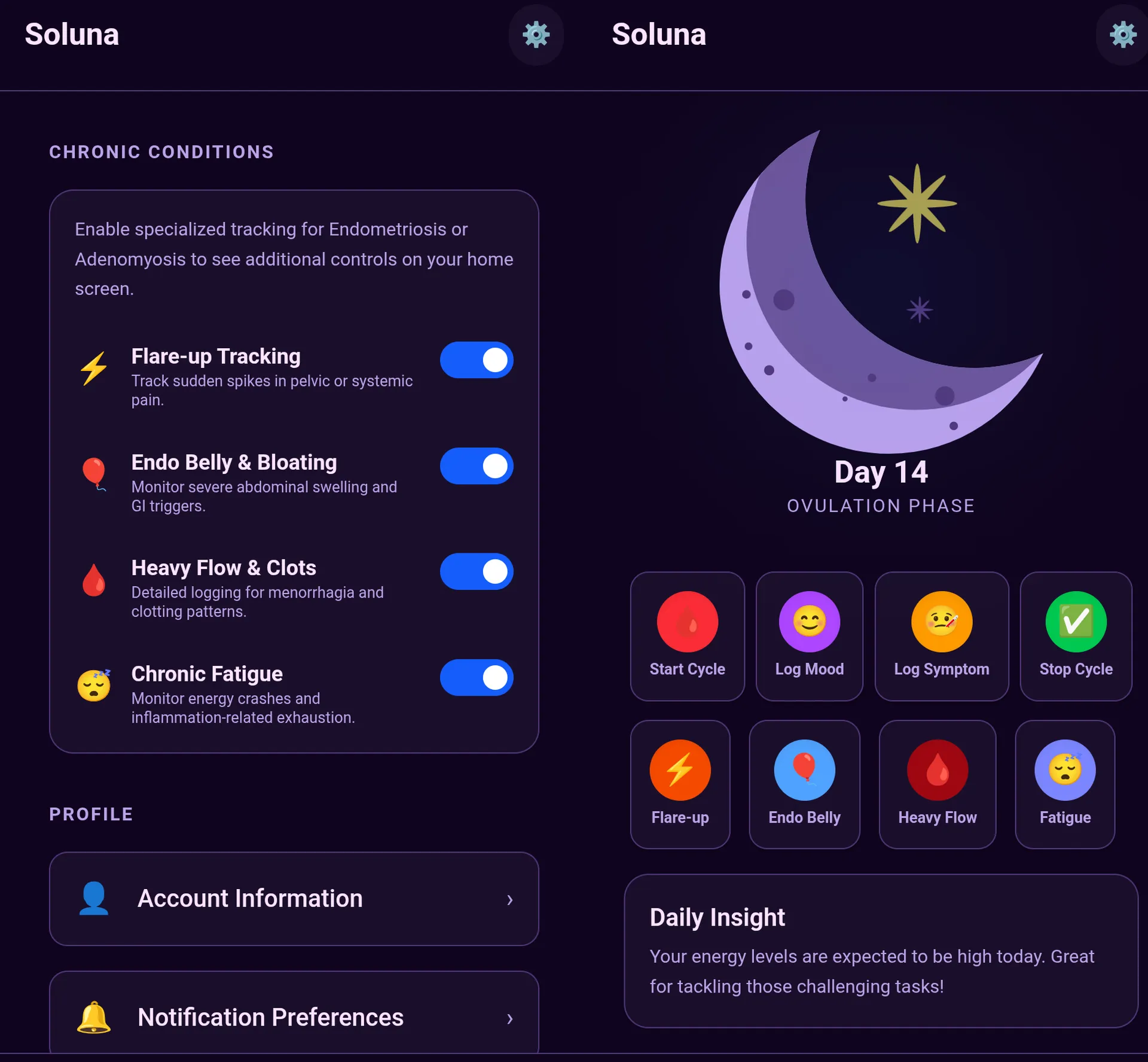 Soluna app chronic conditions screen for tracking endometriosis and adenomyosis