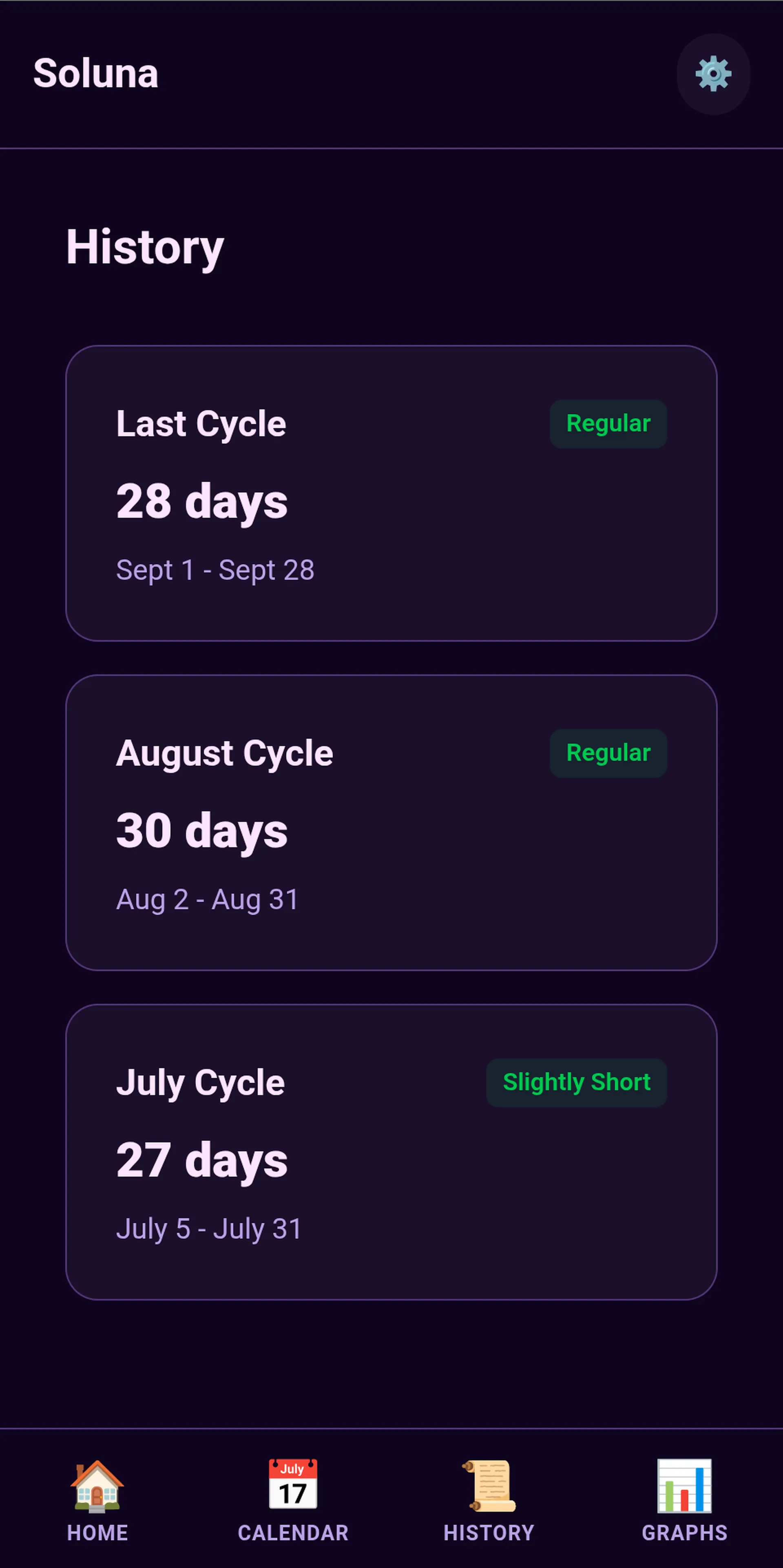 Soluna app history screen showing exportable cycle history