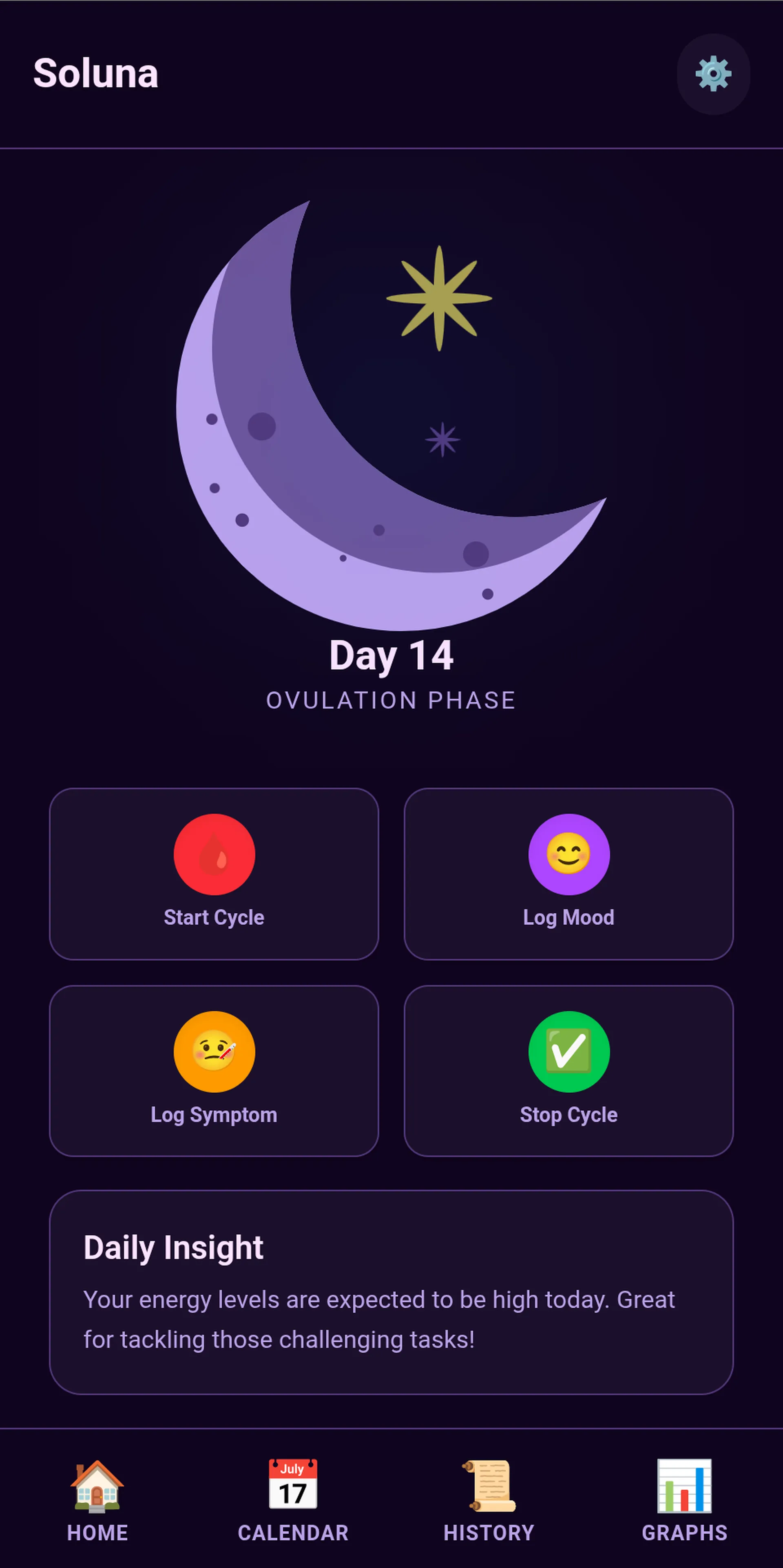 Soluna app home screen showing calm, minimal cycle overview