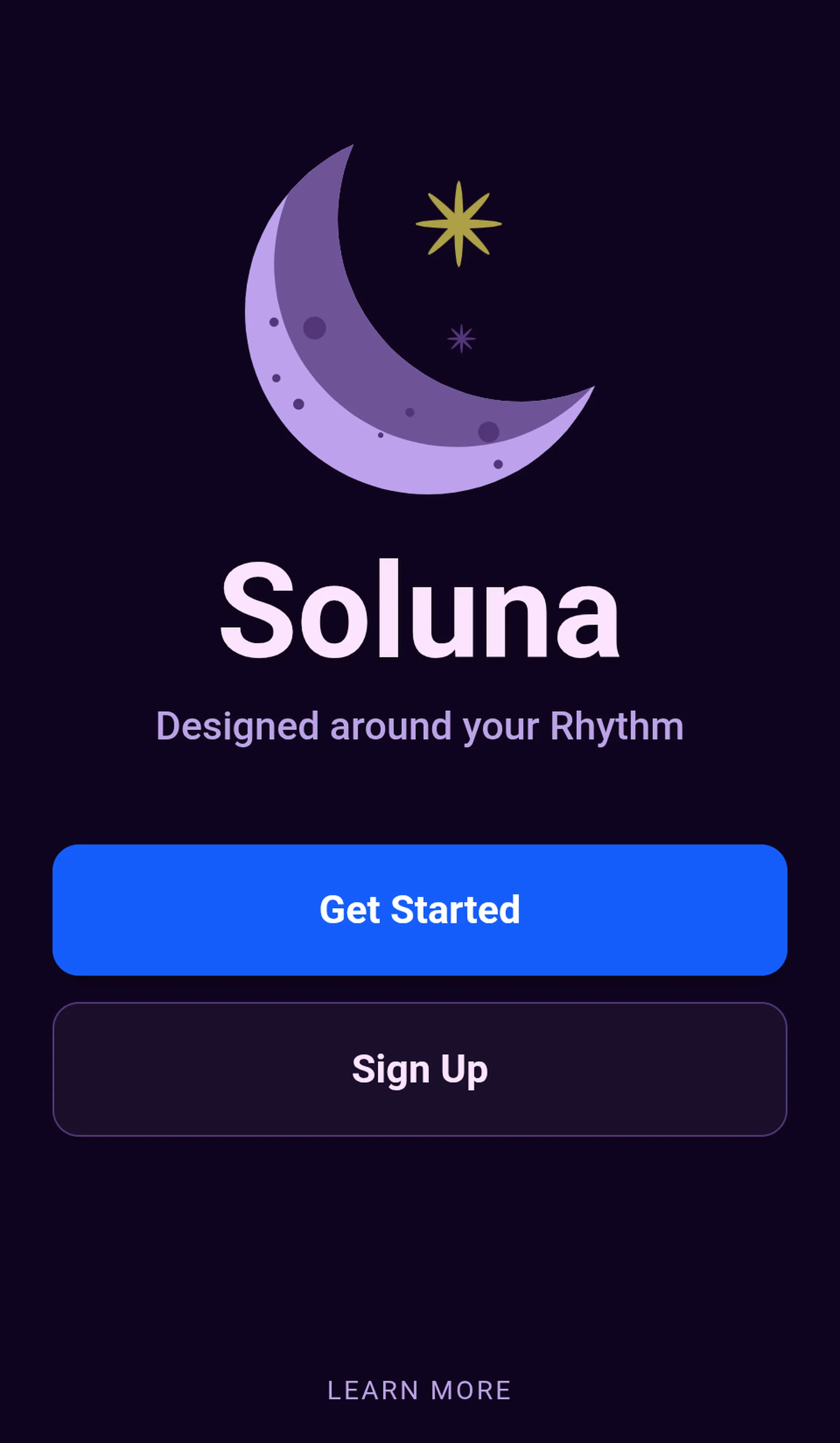 Soluna app start screen showing personalised cycle tracking setup